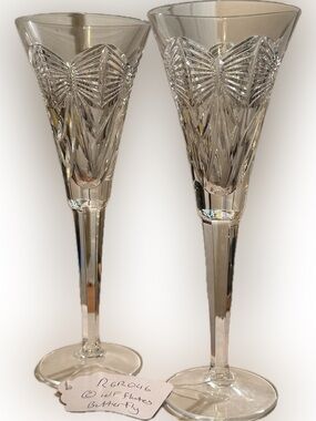Authentic Waterford Crystal Butterfly Champagne Flutes Pair Signed Vintage